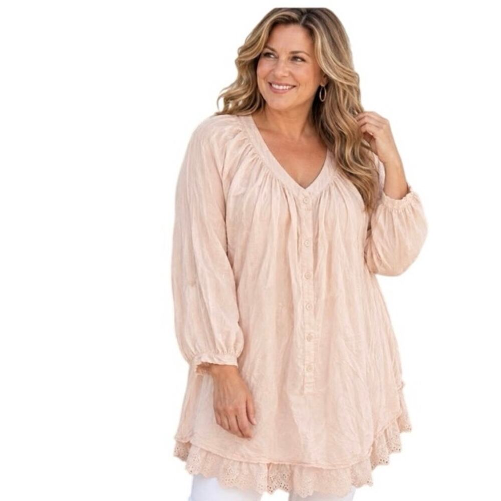 Soft Surroundings 1X Cotton Silk Blush Pink Boho Tunic Blouse Eyelet Romantic